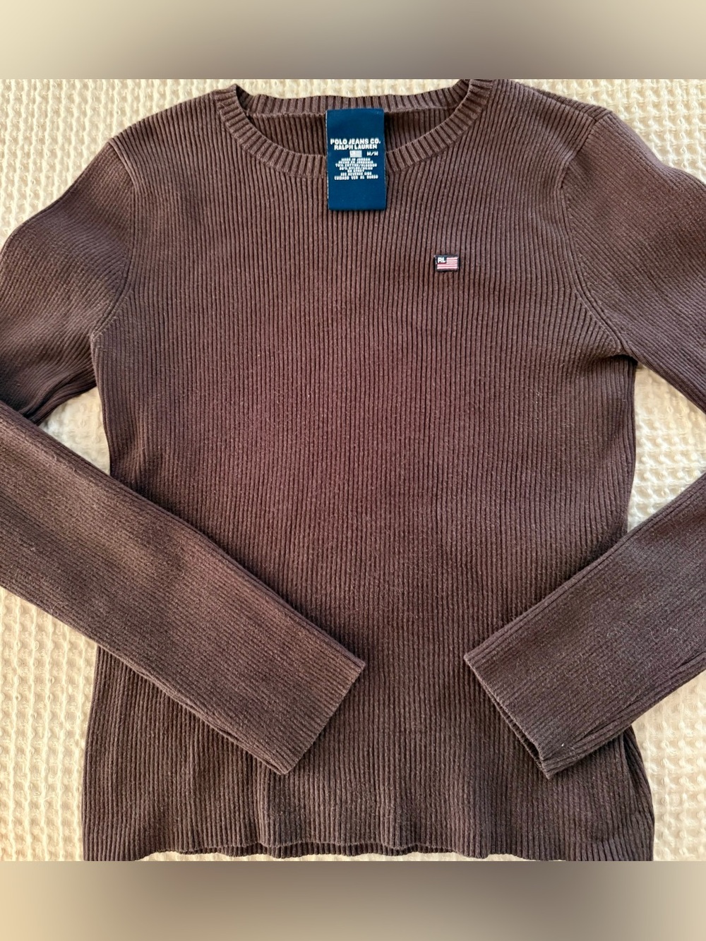 Vintage Polo Jeans Co. Ralph Lauren Brown Ribbed Long Sleeve Flag Sweater M